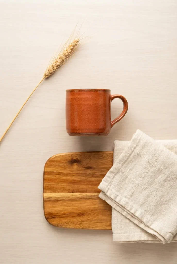 Overhead flat lay of a three-color fall kitchen palette in clay, wood and cream