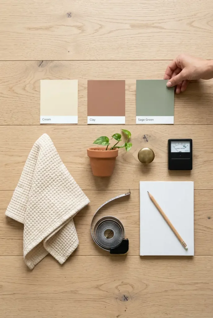 Overhead flat lay of boho bathroom planning items: paint swatches, towel, terracotta pot, measuring tape