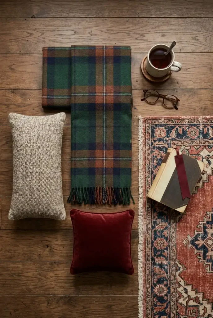 Overhead flat-lay of tartan wool throw, tweed pillow, velvet cushion, and rug for a dark academia library