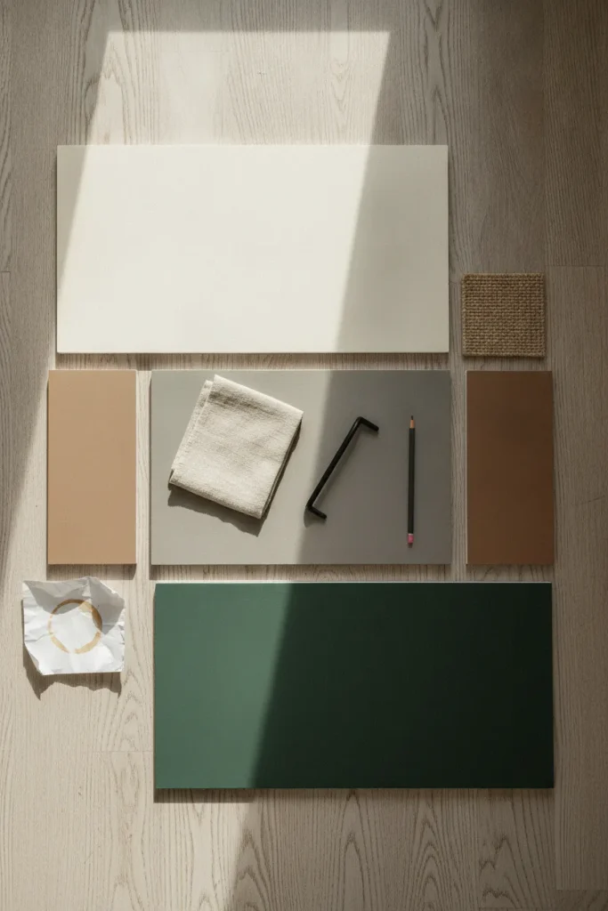 Overhead flat lay of warm white, greige, and green paint samples for modern farmhouse bedroom colors