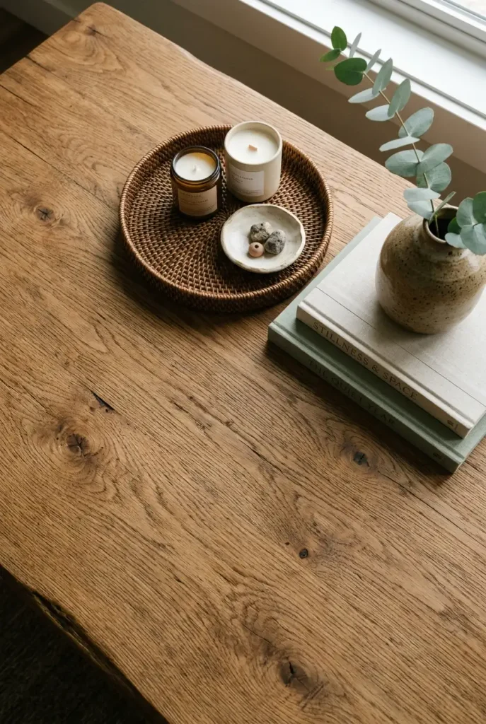Overhead view of a coffee table styled with a tray, books and eucalyptus.