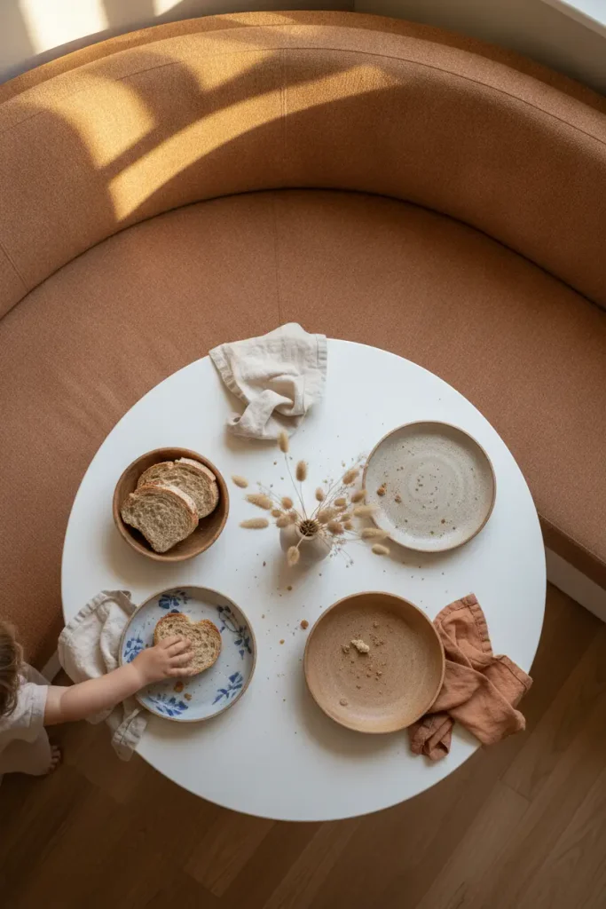 Overhead view of a curved clay banquette around a round pedestal table in a dining nook