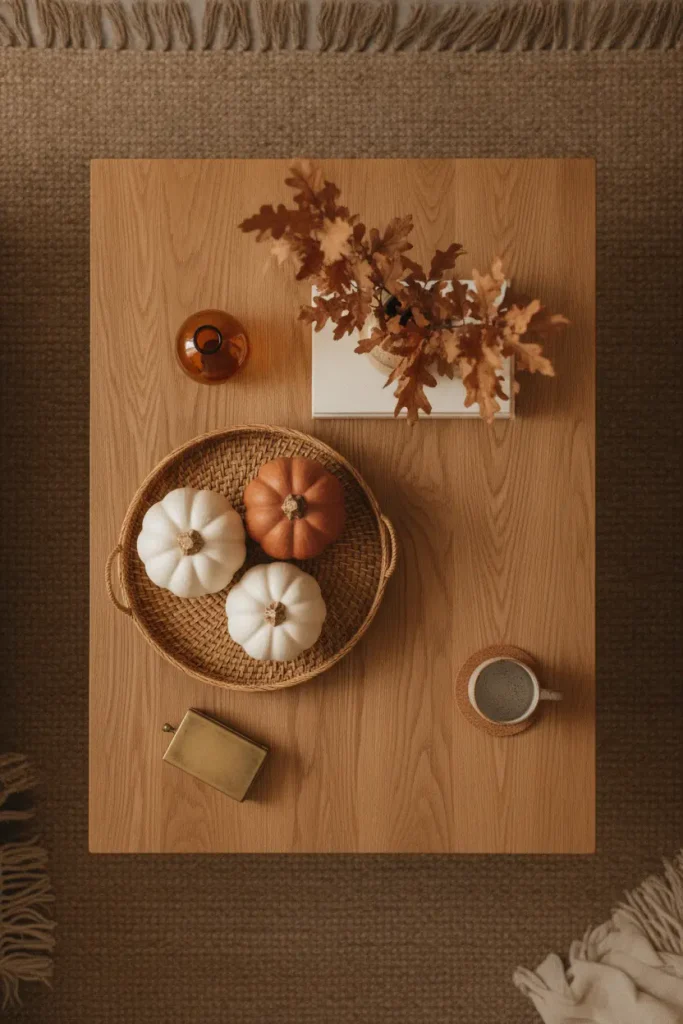 Overhead view of a small fall coffee table with a tray, a tall vase of dried wheat, and one clear mug spot