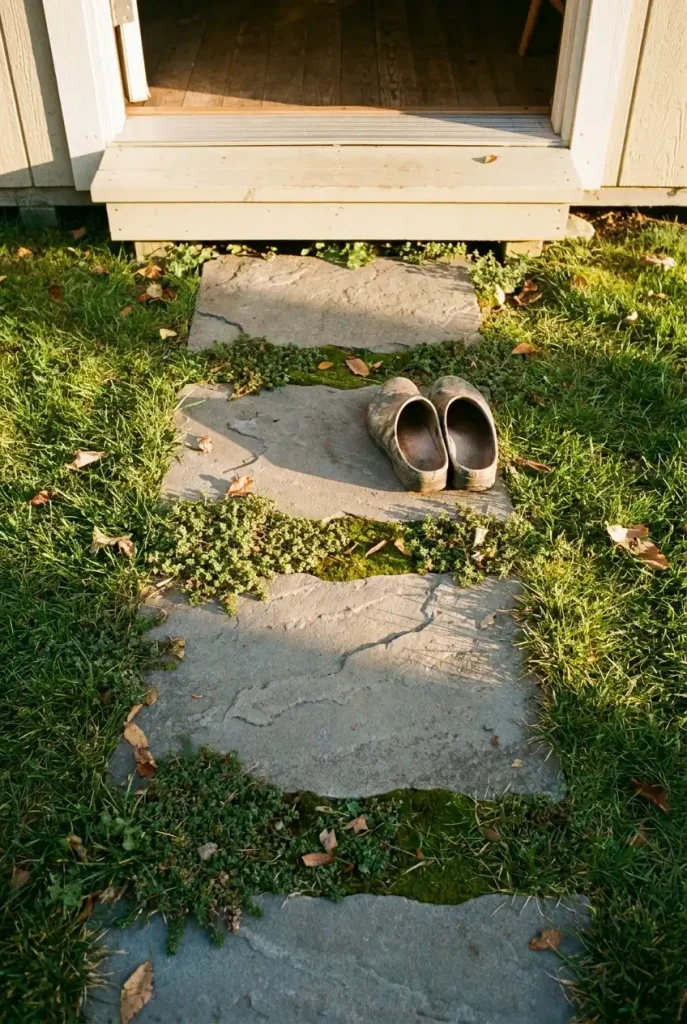 Overhead view of a stepping stone path with thyme leading to a small backyard she shed