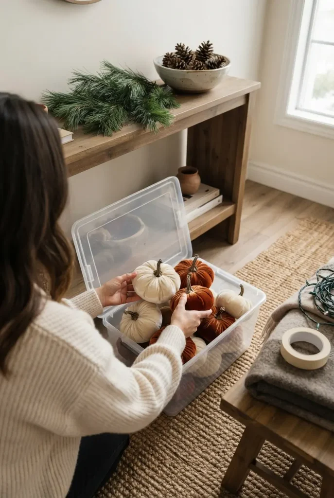 Packing faux pumpkins into a storage bin while swapping fall entryway decor for pine branches in November
