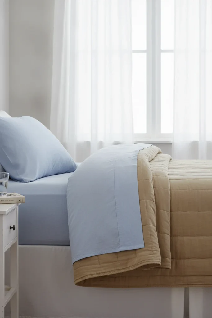 Pale blue percale bedding with a camel quilt in bright morning light