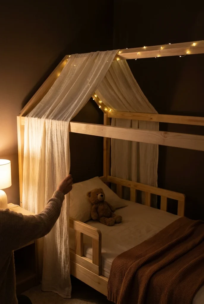 Parent draping gauze over a wooden toddler house bed with warm string lights at night