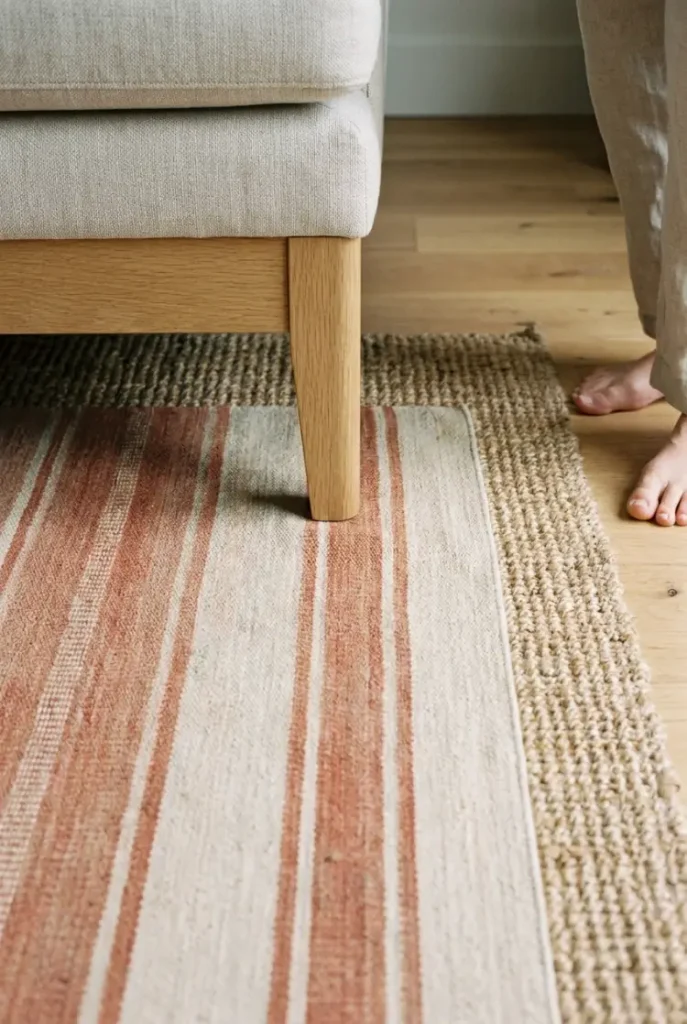 Patterned flatweave layered over a jute rug under a sofa leg in a small boho living room.