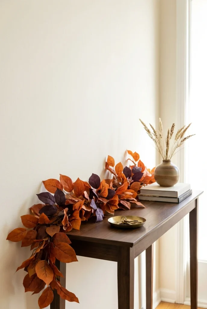 Persimmon and plum fall garland on a narrow console table against a cream wall.