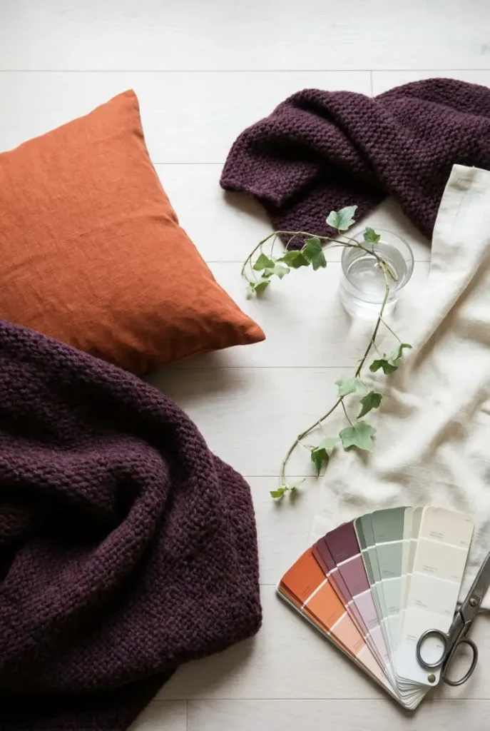 Persimmon, plum and sage textiles laid out as a 2026 boho color palette study on pale wood.