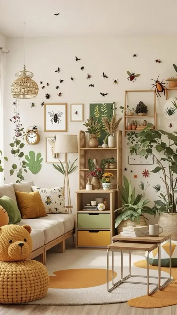 Playful nature-themed living room with a wall covered in insect decor and framed bee art, a beige sofa with mustard and bug-print pillows, a knit bear pouf, layered green and yellow rugs, a rattan pendant light, mustard-drawer storage unit, and lots of houseplants.