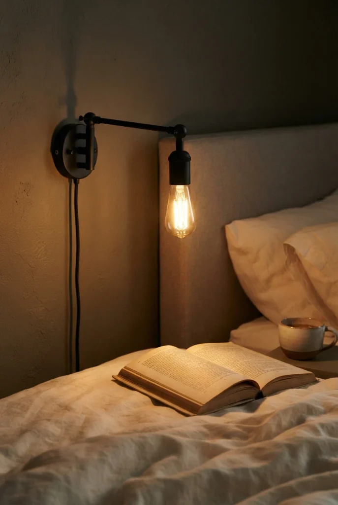 Plug-in swing arm sconce lighting an open book beside a DIY upholstered headboard.