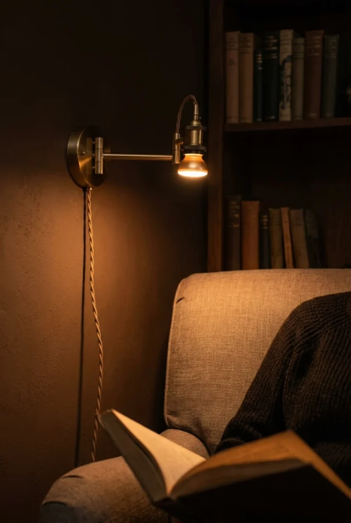 Plug-in swing-arm sconce lighting an open book from behind the reader's shoulder at night.