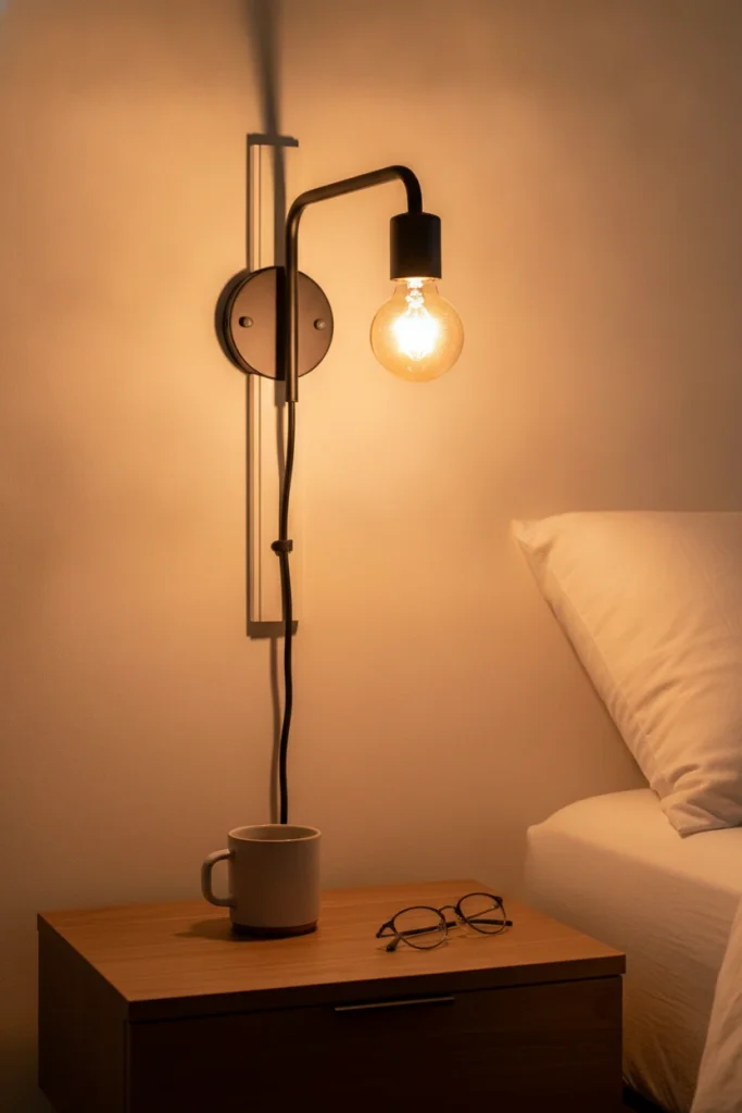 Plug-in swing arm sconce with warm 2700K glow and painted cord cover above a nightstand