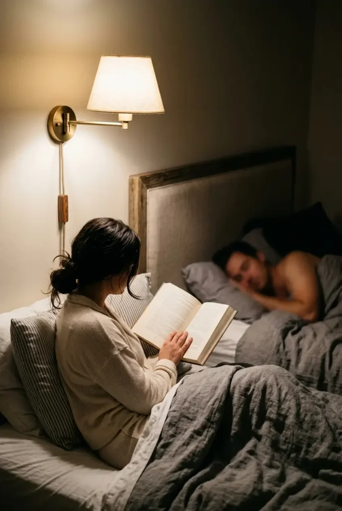 Plug-in wall sconce lighting one side of the bed in a small bedroom for couples