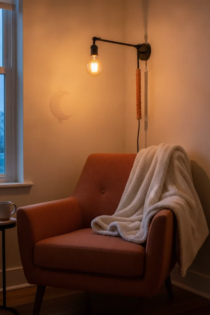 Plug-in wall sconce with an amber bulb lighting a vintage Halloween reading chair, no wiring needed