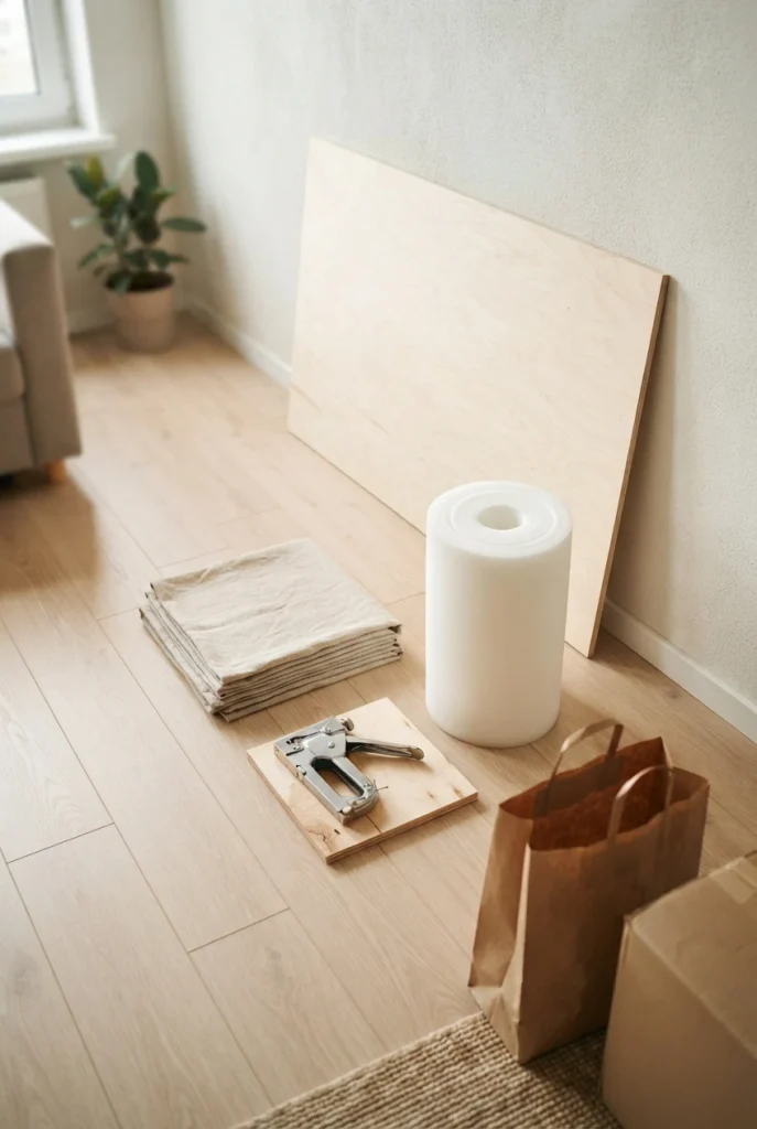 Plywood, foam, linen and a staple gun staged on the floor for a DIY headboard build.
