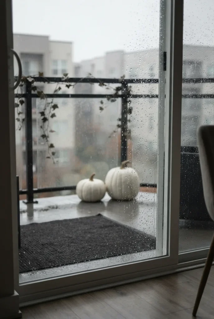 Rainy balcony with weather-safe Halloween decorations seen through a glass door
