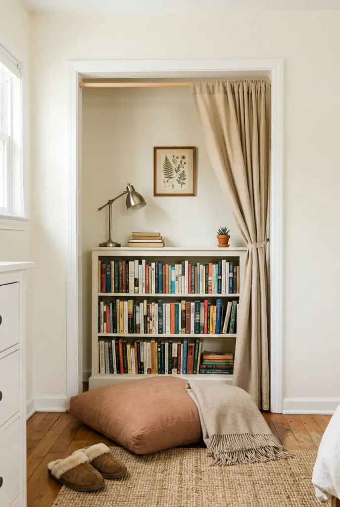 Reach-in closet turned into a tiny home library with a low bookcase, clamp lamp, and linen curtain