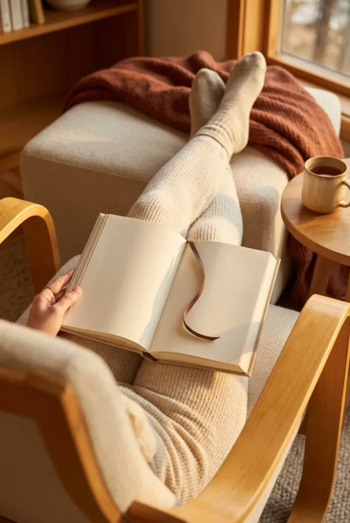 Reader's lap with an open book and feet on an ottoman in a bentwood reading chair at golden hour