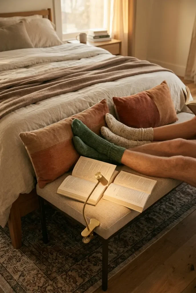 Reading bench for two at the foot of the bed in a tiny bedroom for couples