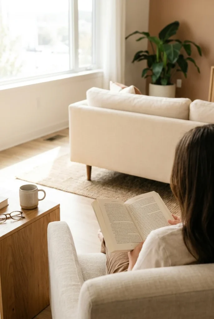Reading chair floated behind a sofa to carve a quiet corner from an open plan room.