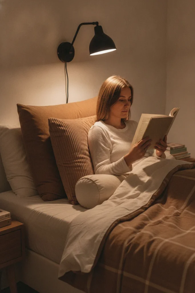 Reading in bed with a backrest pillow, knee bolster, and warm plug-in sconce