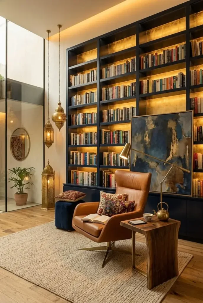 Reading nook with a tan leather swivel chair beside a live-edge wood side table, set against a backlit navy bookshelf, a large abstract blue painting, brass Moroccan-style lanterns, and a jute rug.
