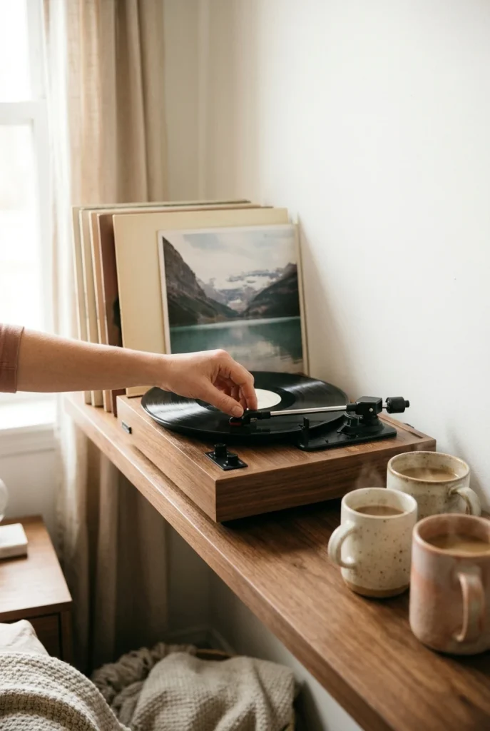 Record player shelf as a personal touch in a small bedroom for couples
