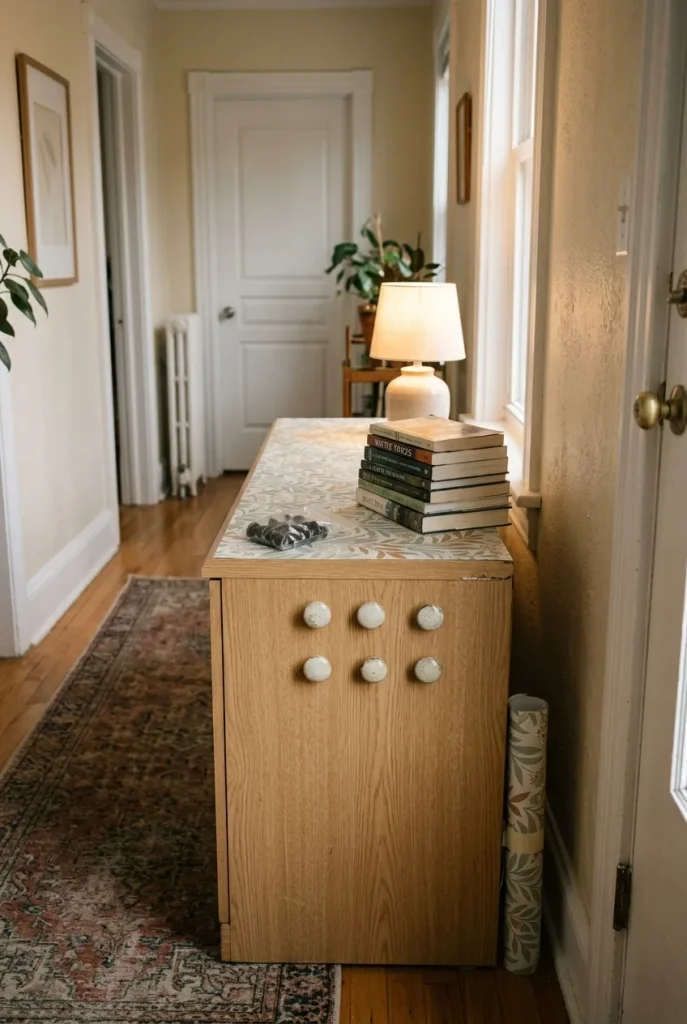 Rental sideboard refreshed with new knobs and removable film, no permanent changes