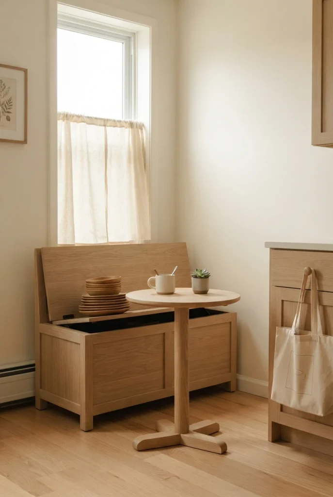 Renter friendly breakfast nook with a freestanding storage bench and no wall damage.
