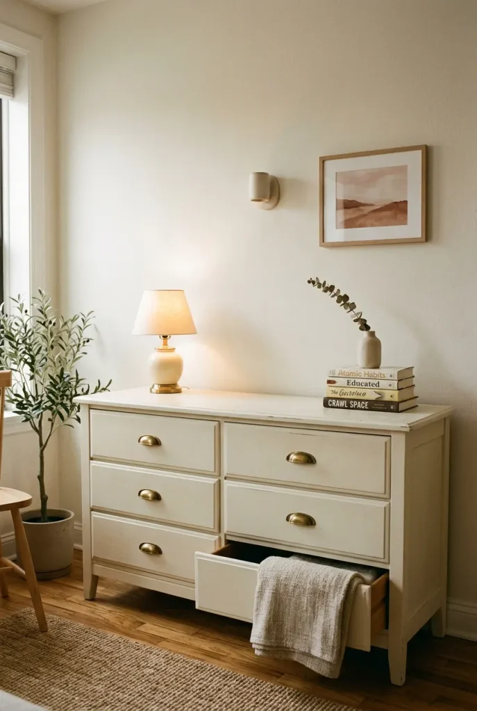 Repainted white dresser with brass pulls and a lamp, a beginner furniture makeover