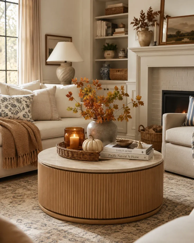 Round fluted wood coffee table with a marble top styled with autumn leaf branches, a lit amber candle, a white pumpkin, and books in a cozy living room with a lit fireplace.