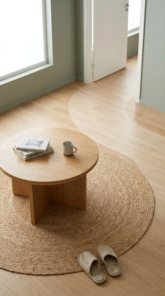 Round oak coffee table with an open walking path around it