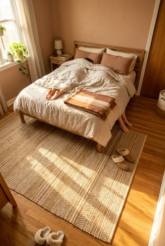 Rug placed two thirds under a queen bed in a small couple bedroom
