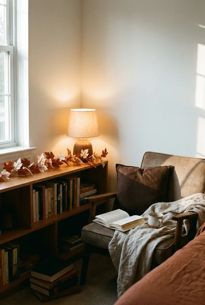 Rust and cream fall garland along a bookshelf edge in a small apartment reading corner.