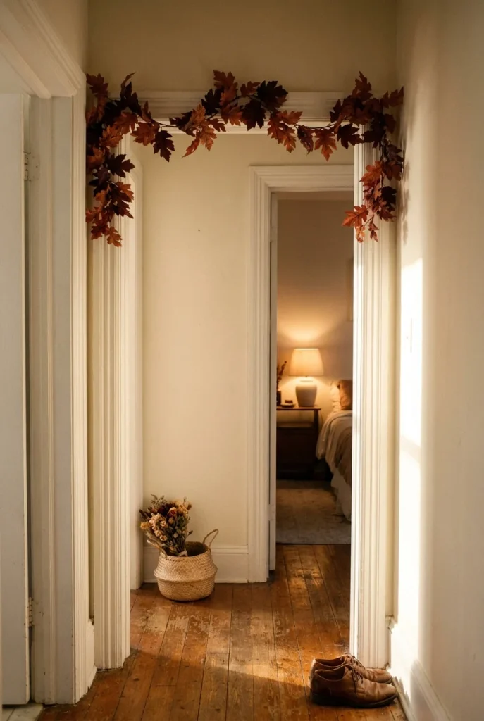 Rust leaf fall garland swagged across a white doorway in a small apartment.