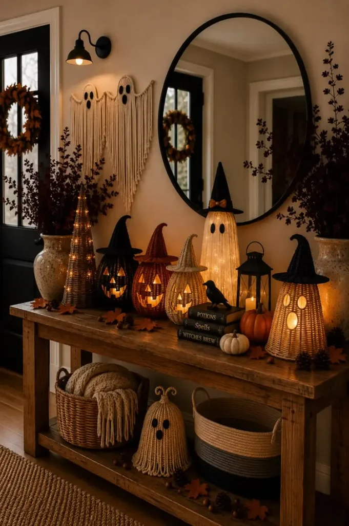 Rustic entryway console table styled for Halloween with woven witch-hat jack-o'-lanterns, a glowing ghost lantern, faux "Potions Spells Witches Brew" books, a black lantern, dried florals, and macrame ghost decor, beneath a large round mirror.