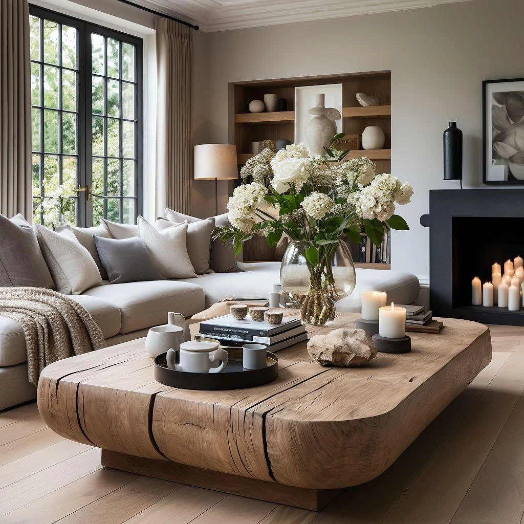 Rustic oak slab coffee table with white hydrangeas and candles in a neutral living room with a cream sectional and fireplace.