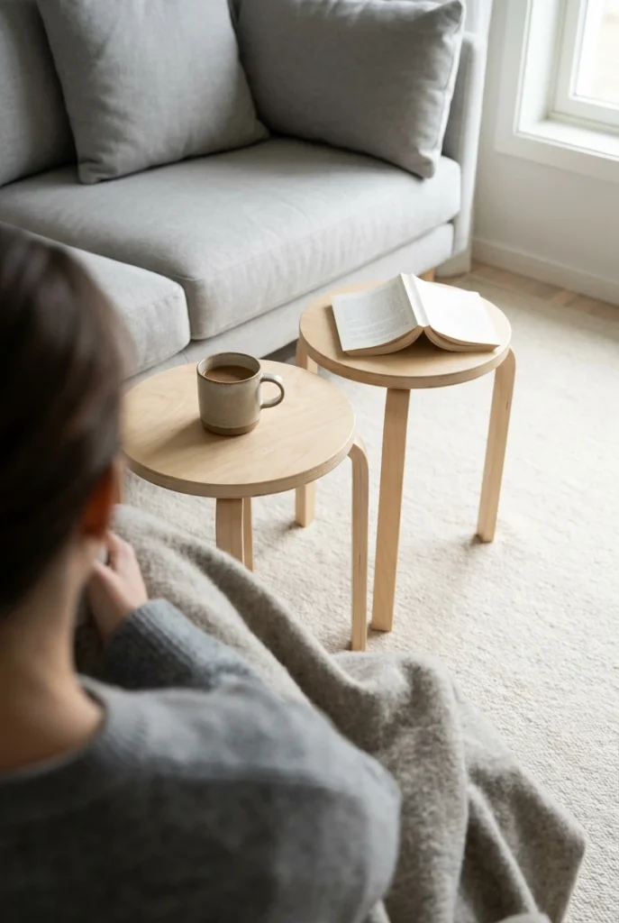 Seated view of two birch stools used instead of a coffee table in a small living room.