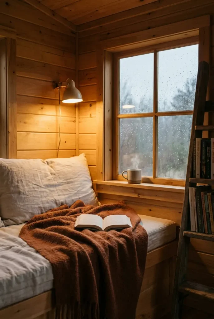 She shed interior reading nook with window bench, wool throw and lamp glow on a rainy evening