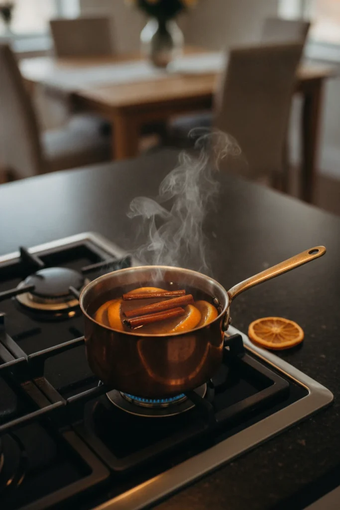 Simmering cider pot with cinnamon and orange peel scenting a fall dining room.