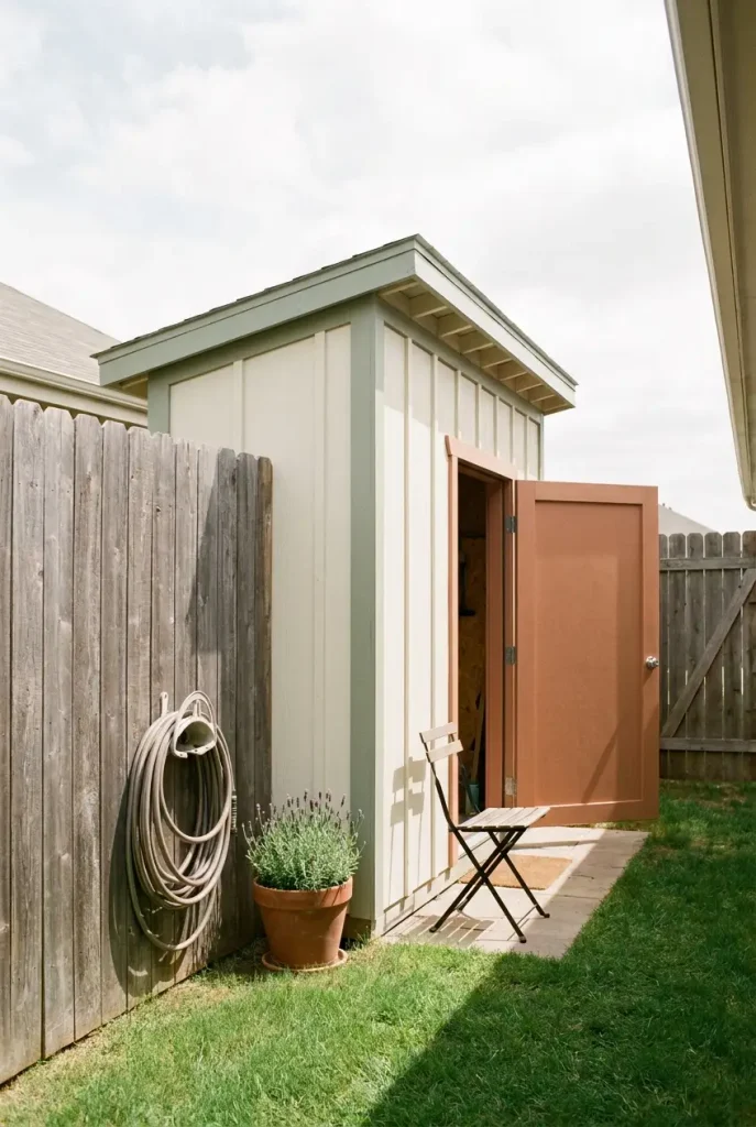 Slim lean-to she shed built against a wooden fence in a narrow side yard