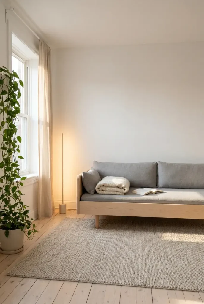 Small Scandinavian living room with birch sofa, oat wool rug, warm floor lamp and one tall plant.