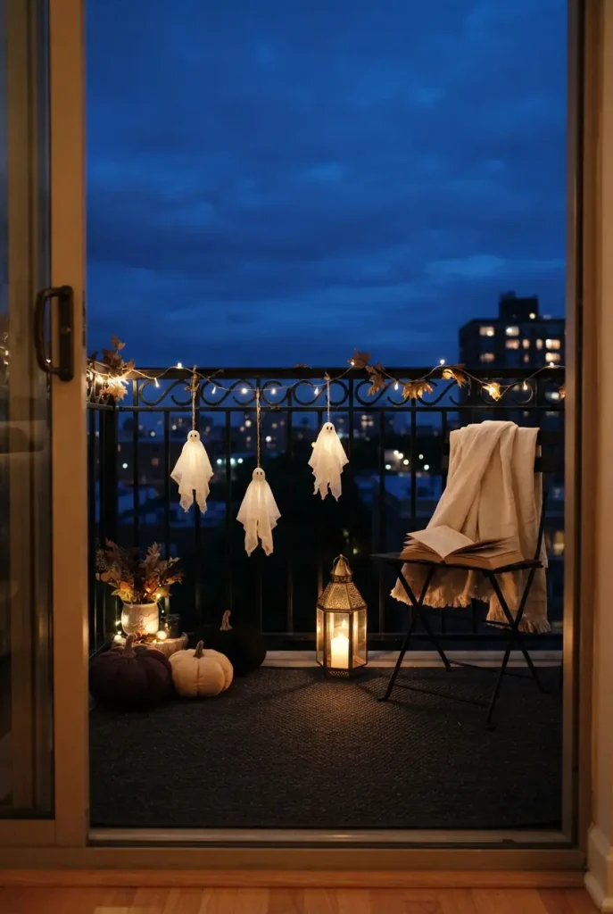 Small apartment balcony with outdoor Halloween decor lit by warm lanterns at dusk