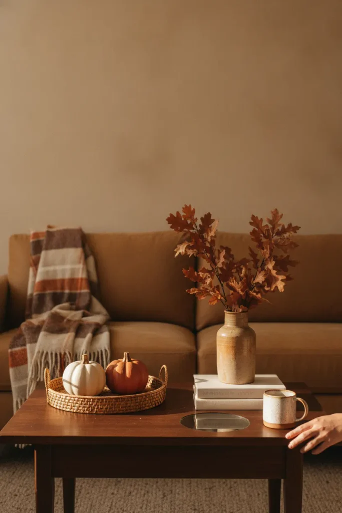 Small apartment coffee table with fall decor on a rattan tray, dried oak branches, and a clear spot for a mug
