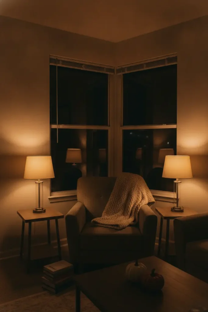 Small apartment corner lit by warm lamps for halloween decor for small apartments.