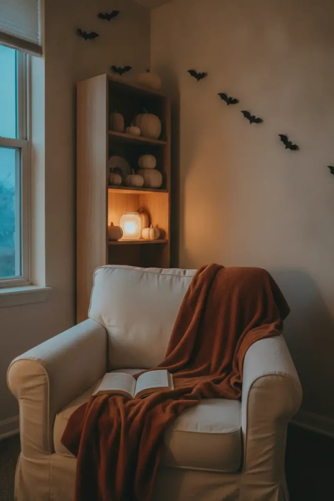 Small apartment corner with painted pumpkins, jar lantern and paper bats for DIY halloween decor.