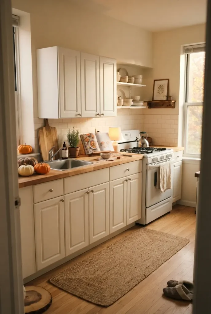 Small apartment fall kitchen with clay-toned pumpkins and clear counter beside the stove