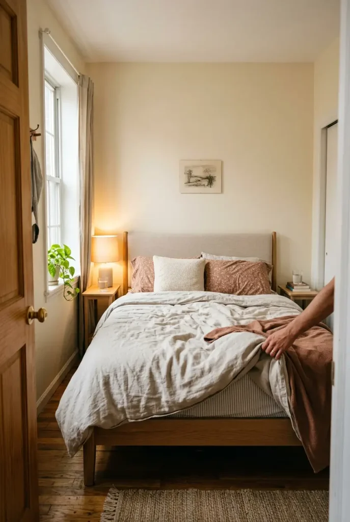 Small bedroom layout for couples with a queen bed centered and a walkway on both sides